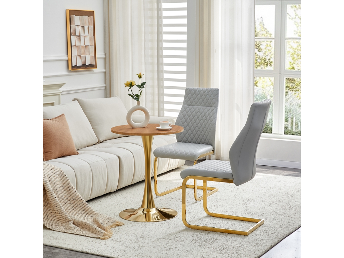 Conjunto Mesa Madeira 60cm Pé Dourado 2 Cadeiras Cinza Claro Diamante Dourado