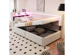 Sofá cama Veludo Bege 90x200 Led Usb Cabeceira Ajustável