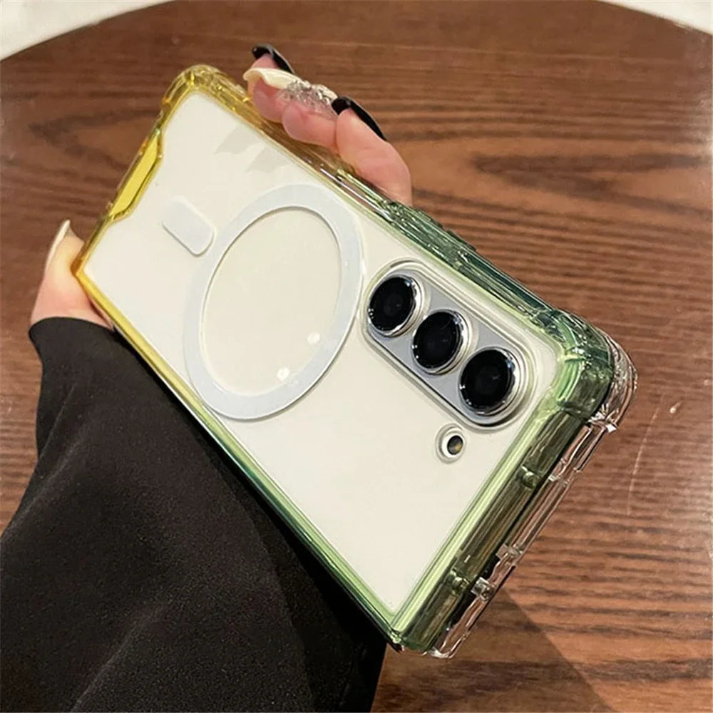 (verde-amarelo, Galaxy Z Fold6) Capa Transparente Com Degradê E Resistente A Riscos, Compatível Com Carregamento Sem Fio Magnético
