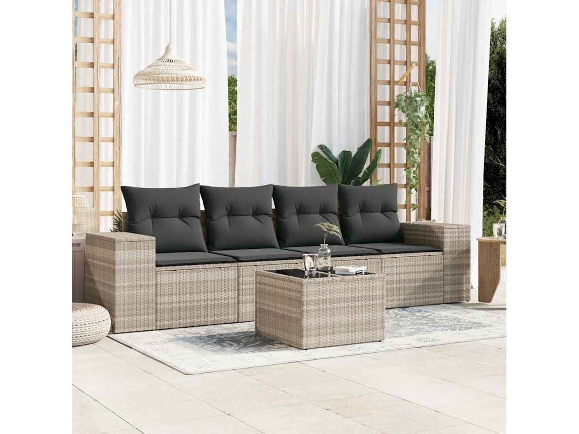 Vidaxl 5 Pcs Conj. Sofás Jardim C/ Almofadões Vime Pe Cinzento-claro