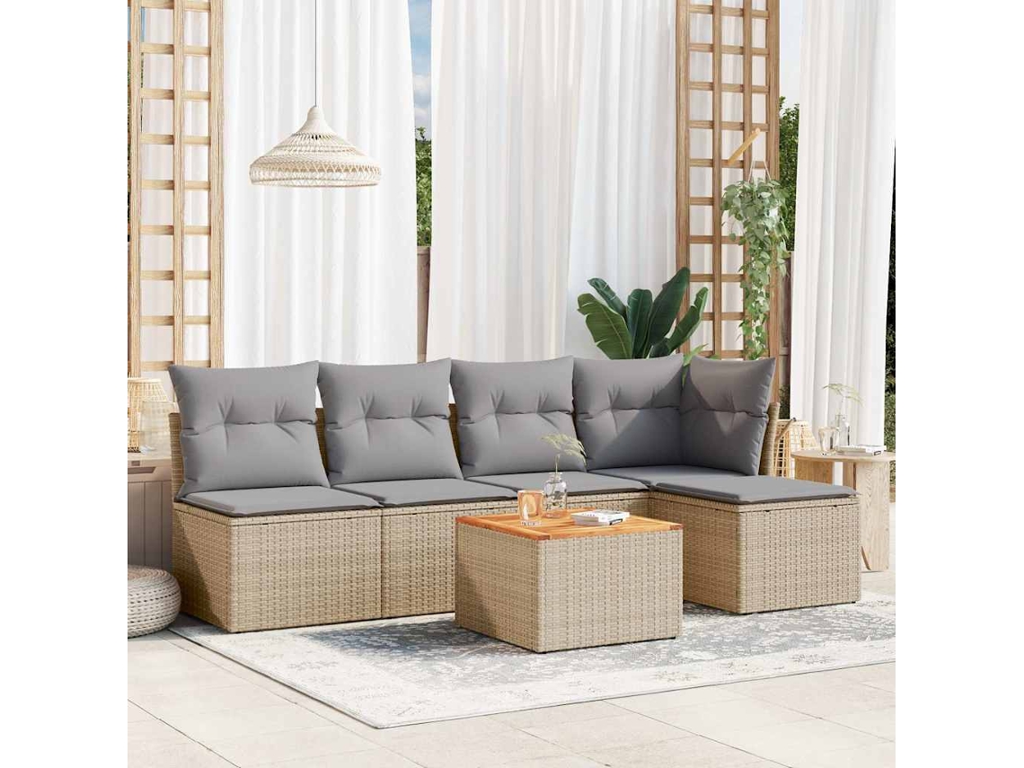 Vidaxl 6 Pcs Conjunto De Sofás P/ Jardim Com Almofadões Vime Pe Bege