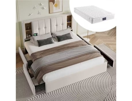 Cama Casal Com Carregamento Sem Fio Usb C E 4 Gavetas, Estrutura 160x200cm, Estofada Em Veludo Bege (inclui Colchão)
