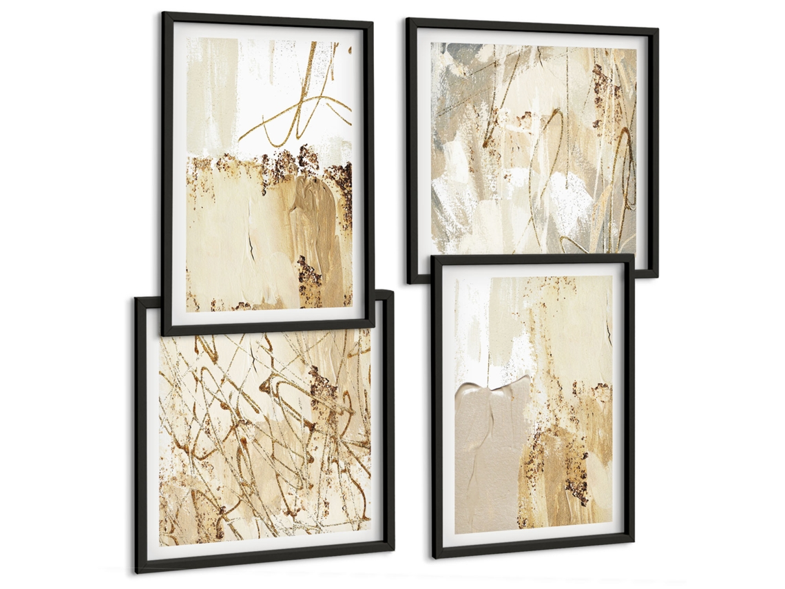 Conjunto De Pinturas Folhas Verdes, Plantas, Formas Moldura Preta Fotos Para O Escritório Espelharte (conjunto De 4 Imagens)