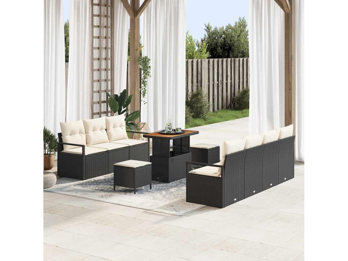 Vidaxl Conjunto De Sofá De Jardim Com Almofada 10 Pcs Preto Vime Pe