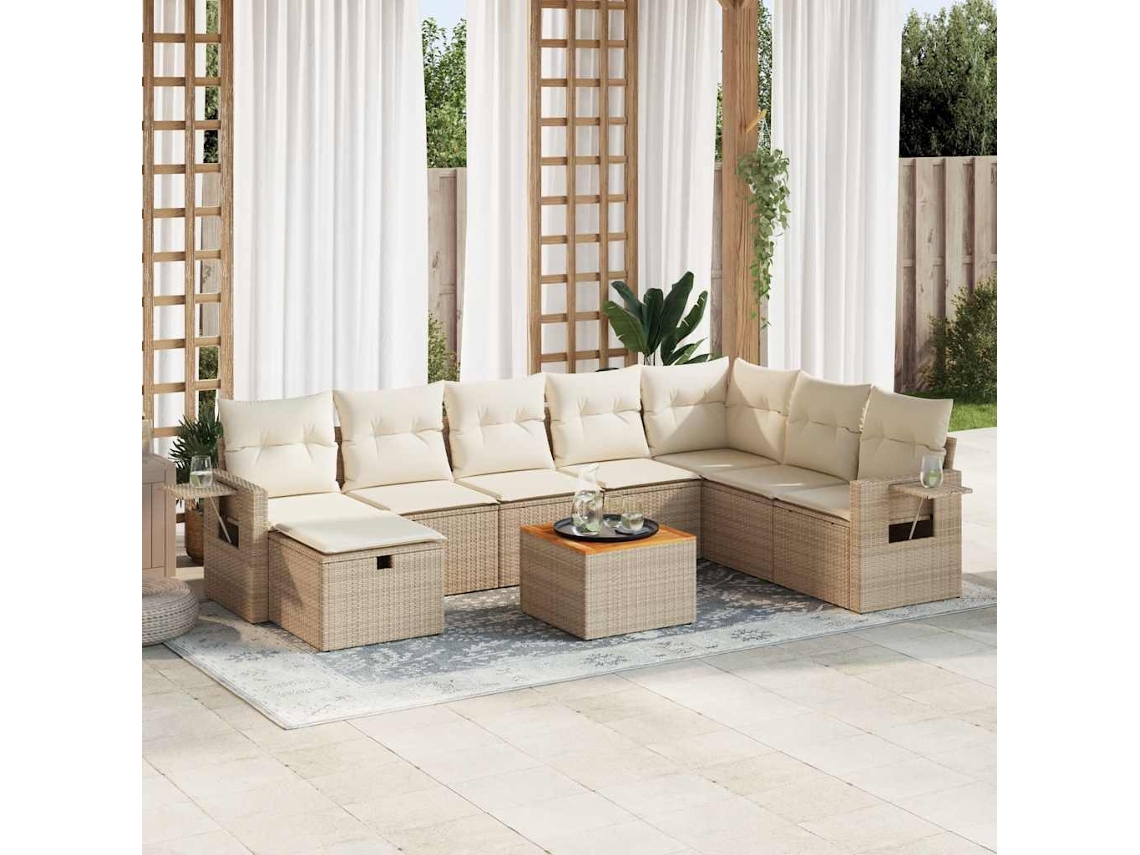 Vidaxl 9 Pcs Conjunto De Sofás P/ Jardim Com Almofadões Vime Pe Bege