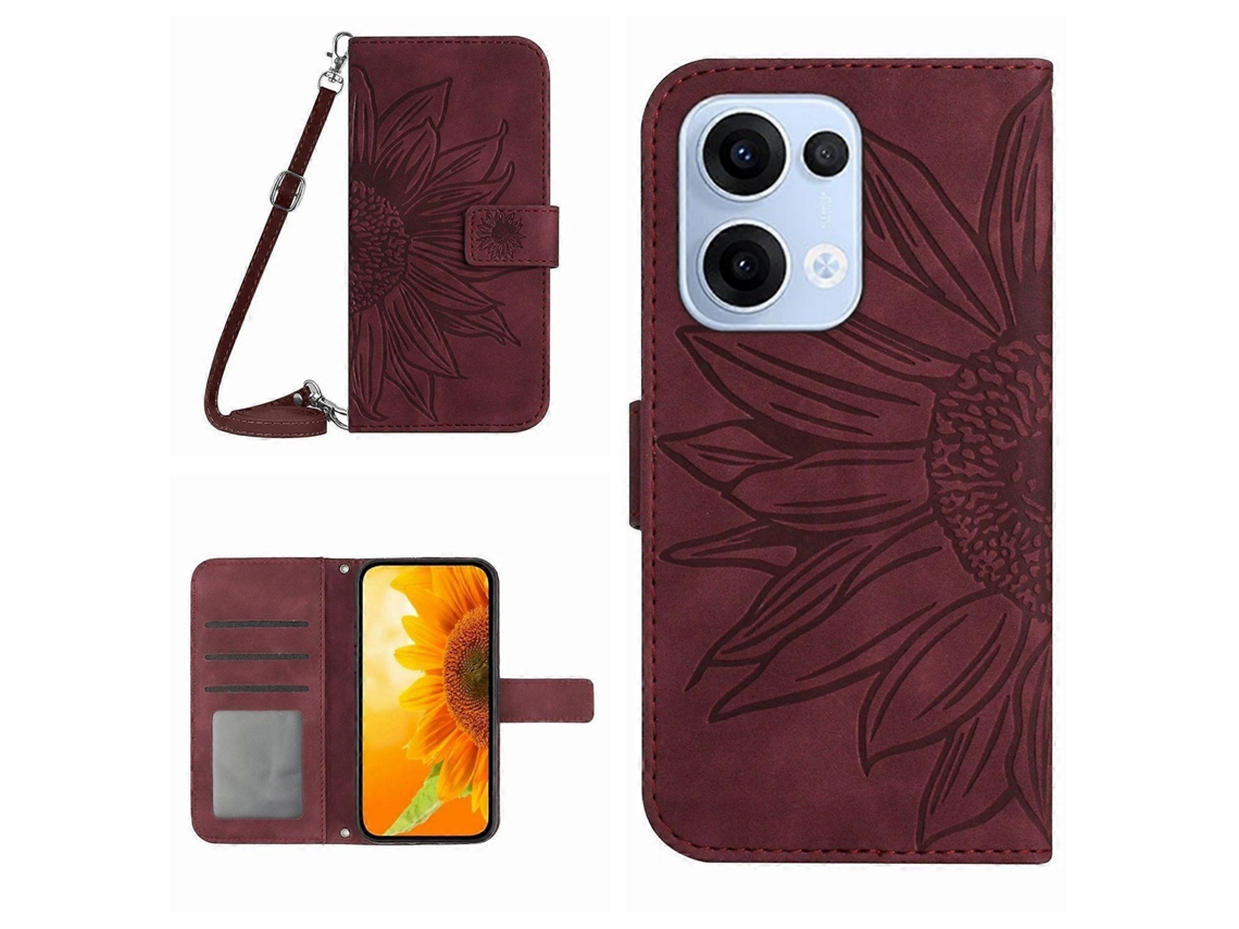 Capa De Celular De Couro Com Estampa De Girassol E Cordão Skin Feel