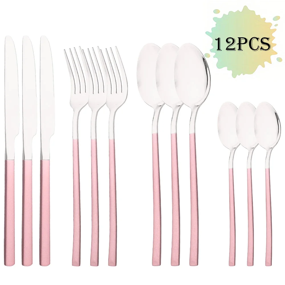 MDUG (conjunto de Talheres de Aço Inoxidável Rosa e Prateado, com 12 Peças, Incluindo Faca, Garfo e Colher de Café)