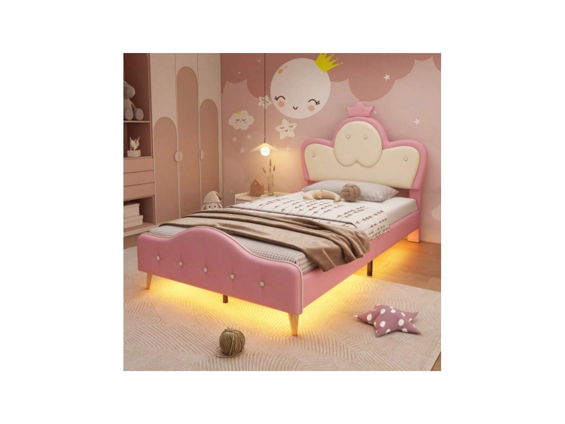 Cama Infantil Com Proteção Macia, Led Monocromático, Cabeceira Coroada E Pés Metálicos 90x200cm Rosa E Branco Liptaptyn