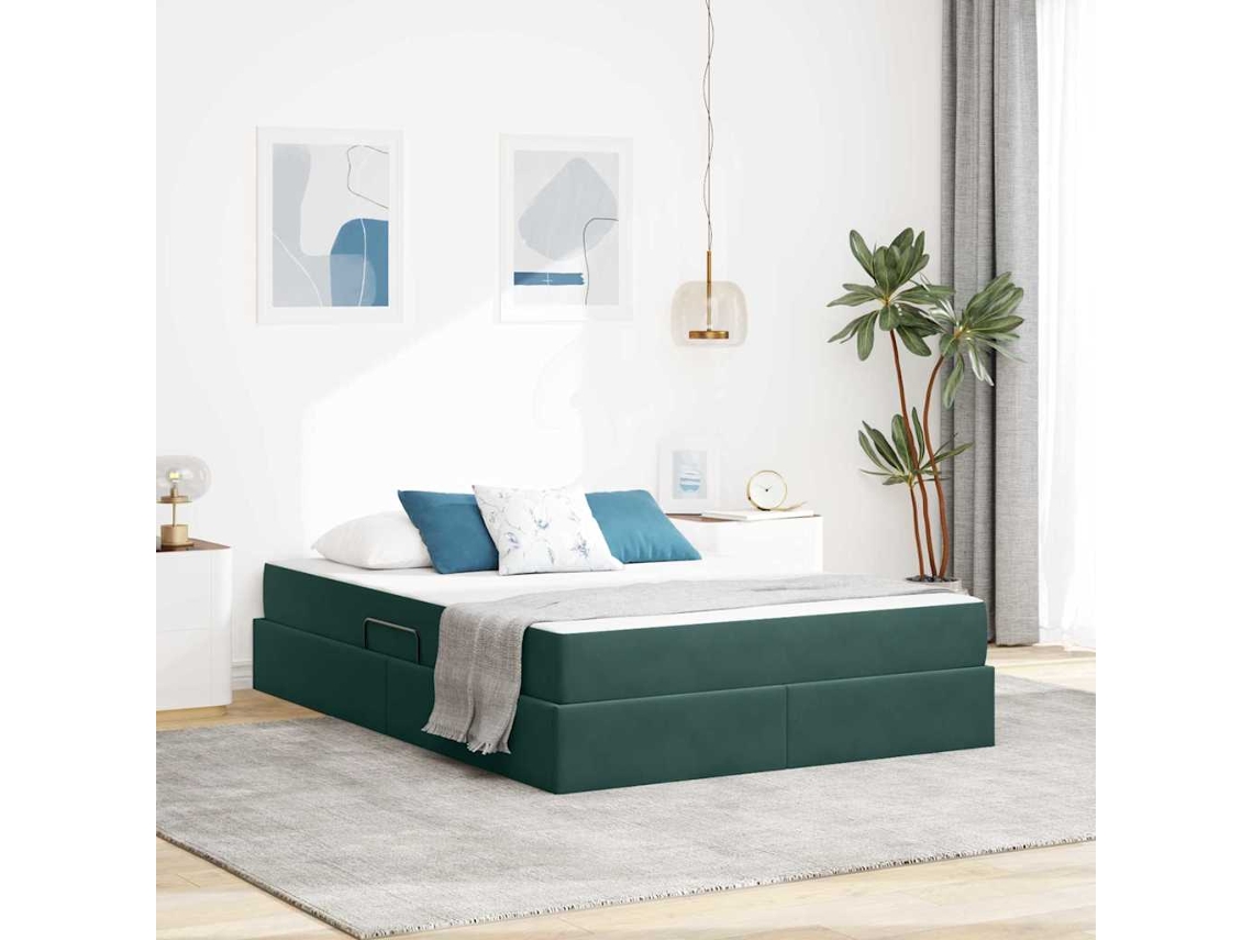 Vidaxl Cama Com Arrumação E Colchão Verde Escuro 140 X 200 Cm Veludo