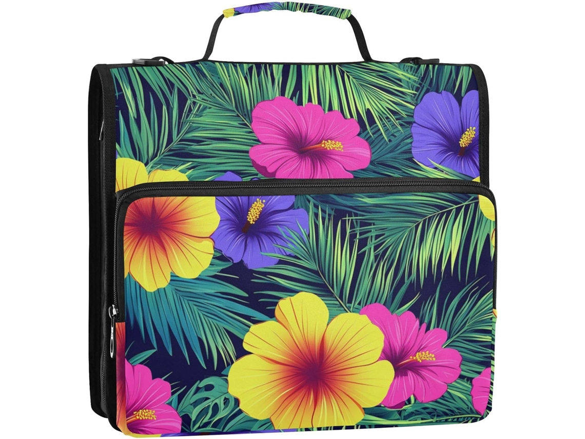 Organizador de Mesa com 3 Argolas, Estilo Havaiano, Flores Tropicais, Folhas Palmeira, Cores Neon Vibrantes, 3