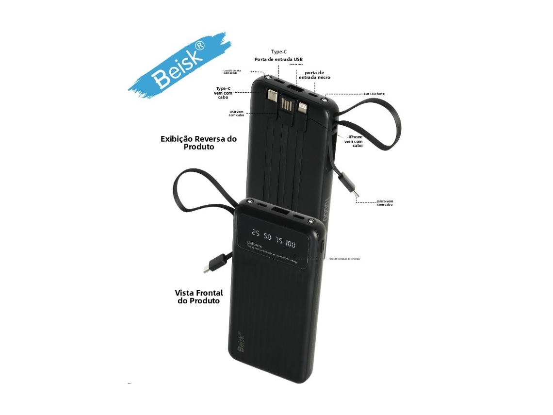 Beisk Black 4-in-1 Power Bank | Carregador Portátil De Tela Digital De Cabo Incorporado 10000mah Com Luz Led