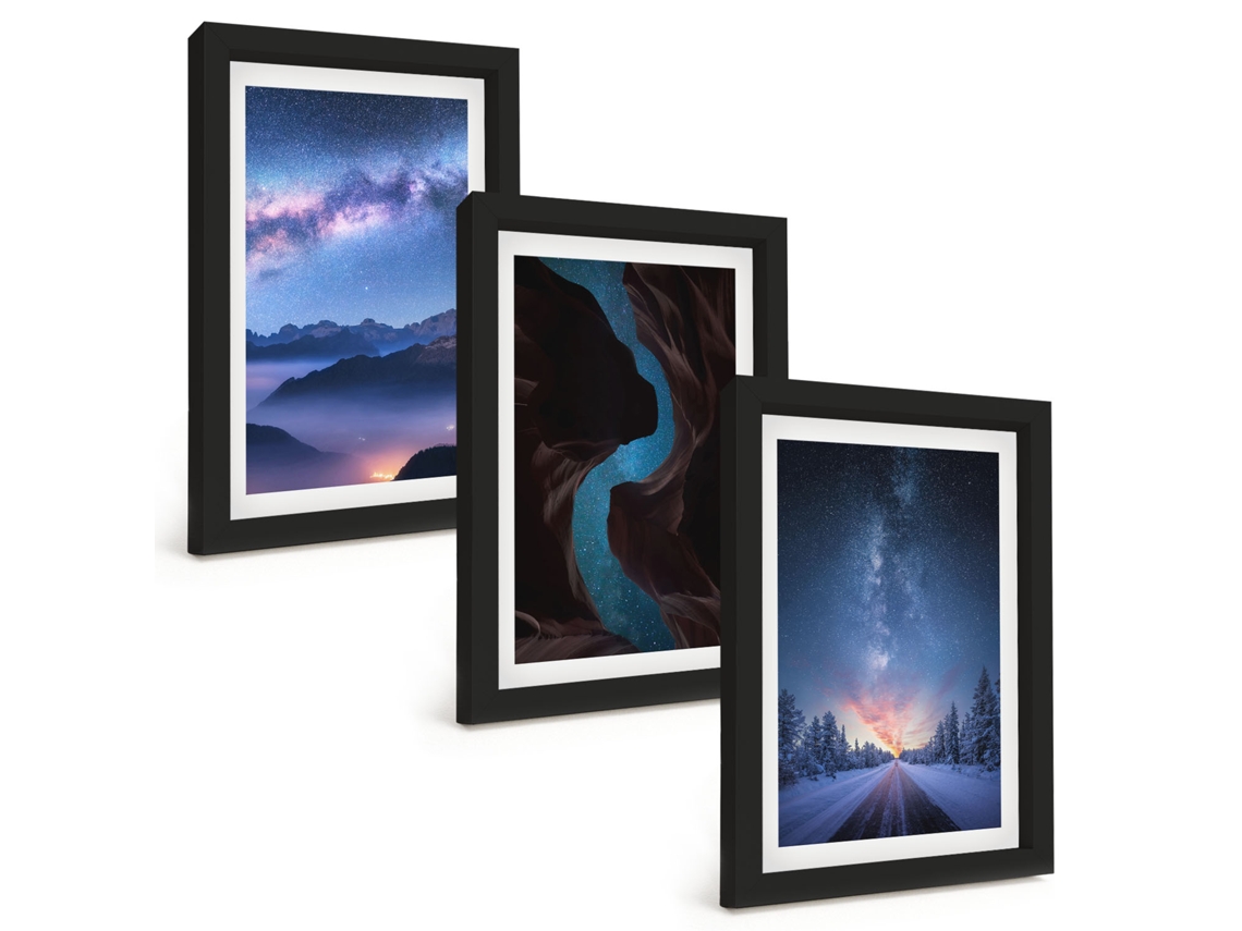 Composição De Quadros Céu Noturno Com Montanhas E Paisagem De Inverno Espelharte (3 Peças 20x30 Cm)