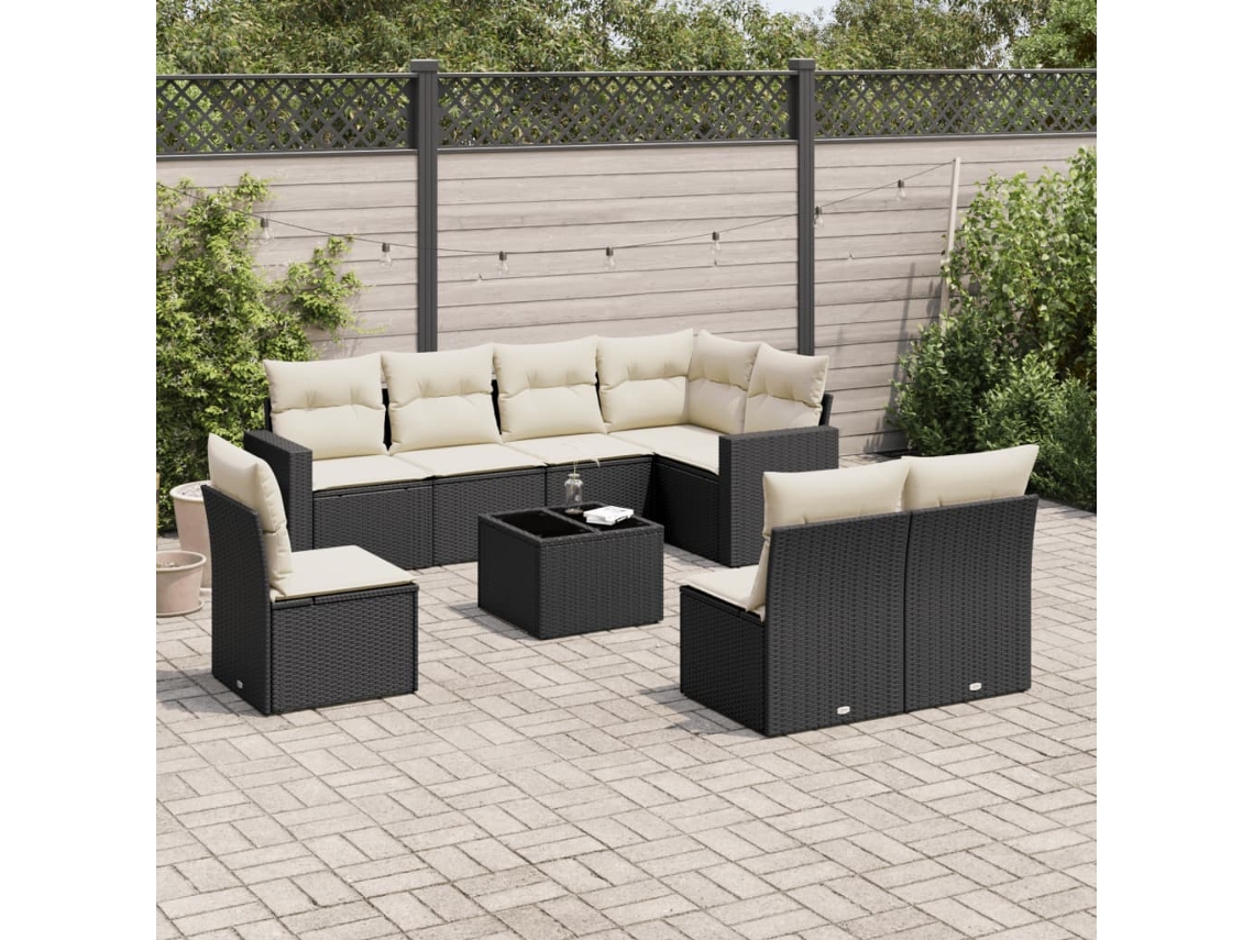 Vidaxl 9 Pcs Conjunto De Sofás P/ Jardim C/ Almofadões Vime Pe Preto