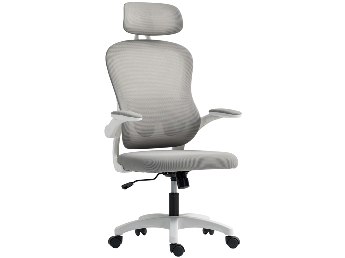 Cadeira De Escritório Ergonômica Com Encosto Em Tela, Altura Ajustável, Apoios De Braço Dobráveis, 5 Rodízios, Função De Balanço, Cinza