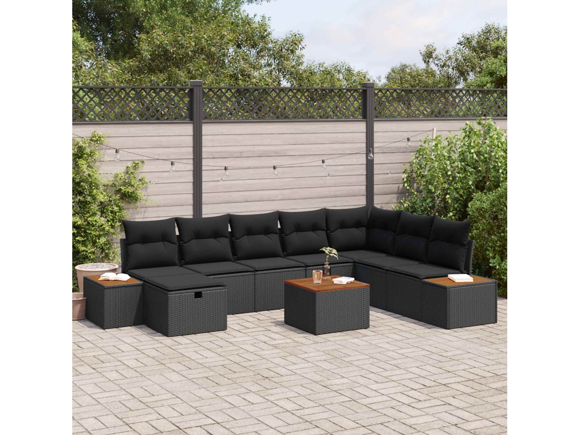 Vidaxl Conjunto De Sofá De Jardim 9 Unid. Preto Vime Pe