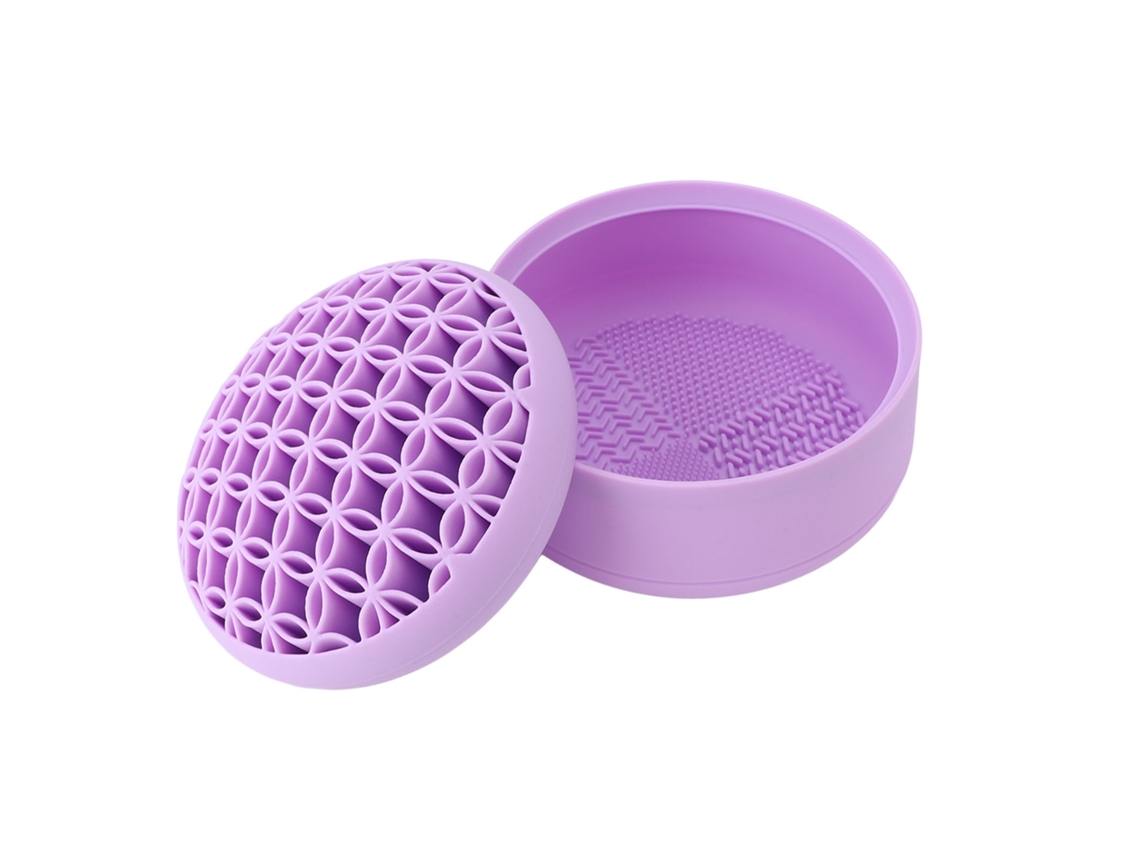Organizador de pincéis de maquiagem em silicone roxo.
