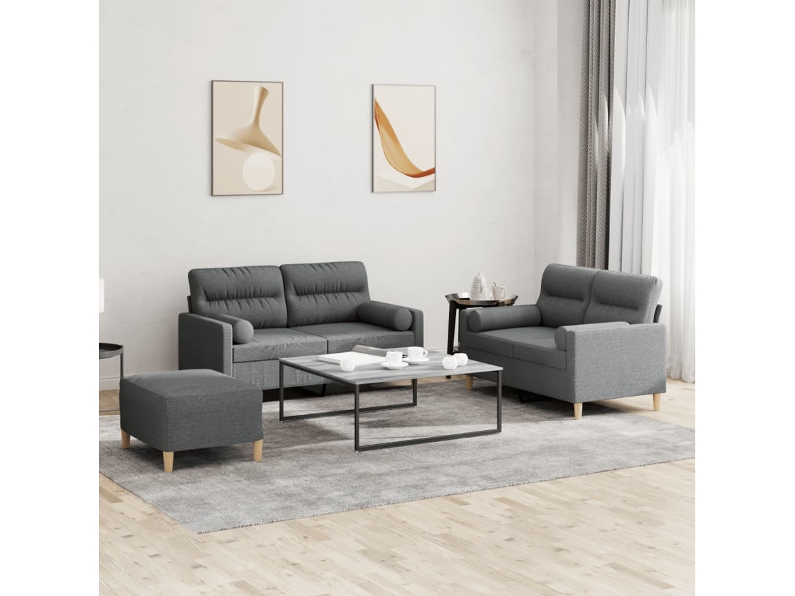Vidaxl 3 Pcs Conjunto De Sofás Com Almofadas Tecido Cinzento-escuro