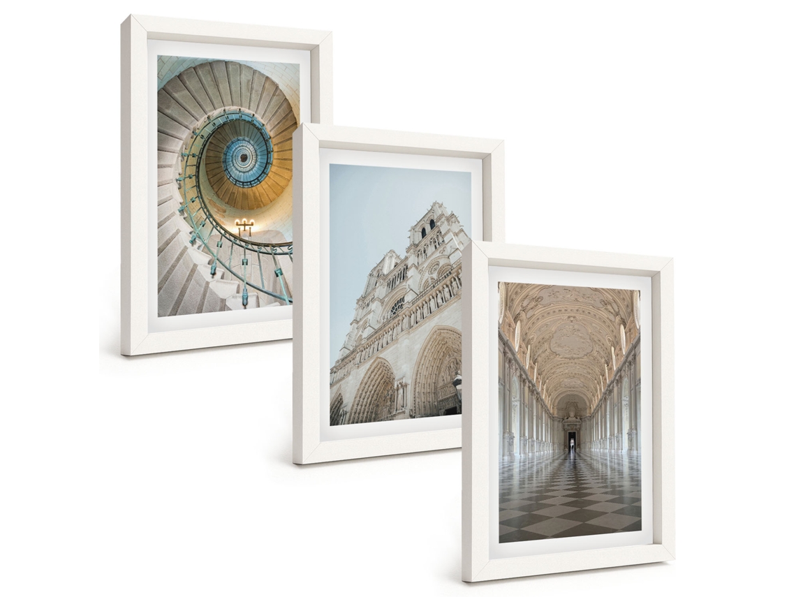 Composição De Quadros Na Parede Escada Em Espiral, Fachada De Catedral Moldura Branca Imagens Para Um Quarto Infantil Espelharte (3 Peças 20x30 Cm)