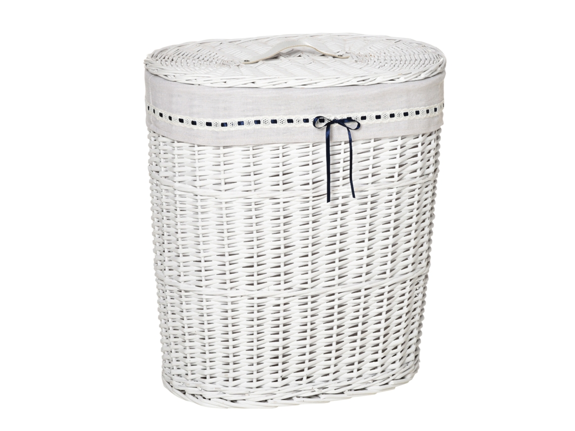 Cesto Roupa Suja Vime Tampa Saco Lavável Branco