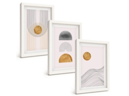 Conjunto De Quadros Com Moldura Formas Abstratas Em Bege E Cinza Moldura Branca Fotos Para O Corredor Espelharte (3 Peças 20x30 Cm)