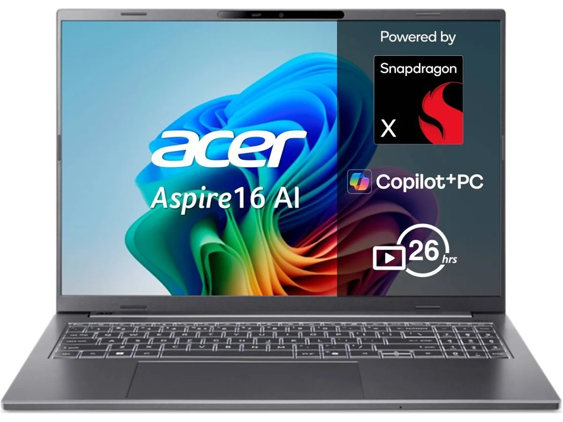 Portátil ACER Aspire 16 AI A16-11M (Outlet Caixa Aberta - 16'' - Copilot+ PC - Snapdragon X1 - RAM: 16 GB - 512 GB SSD - Qualcomm Adreno)