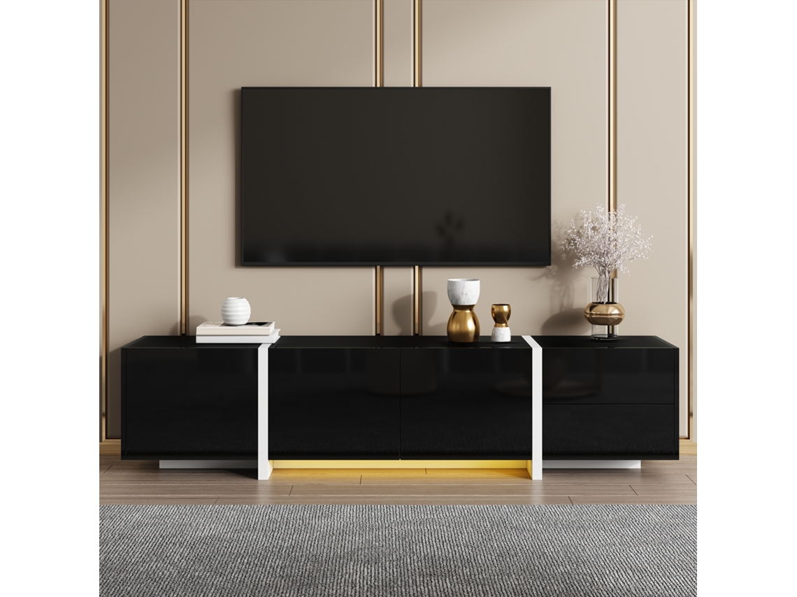 Móvel para TV KOMHTOM, 170x30x39 cm, 3 portas, 1 gaveta, 1 bandeja, LED, passagem de cabos, preto