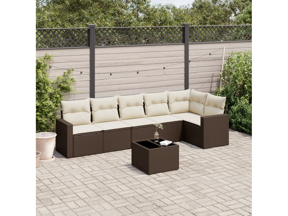 Vidaxl 7 Pcs Conjunto De Sofás Jardim C/ Almofadões Vime Pe Castanho