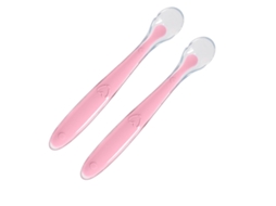 Duas Colheres de Silicone Macio para Bebês e uma Caixa Transparente de Pp Auxiliares para o Treinamento da Alimentação. MDUG (rosa)
