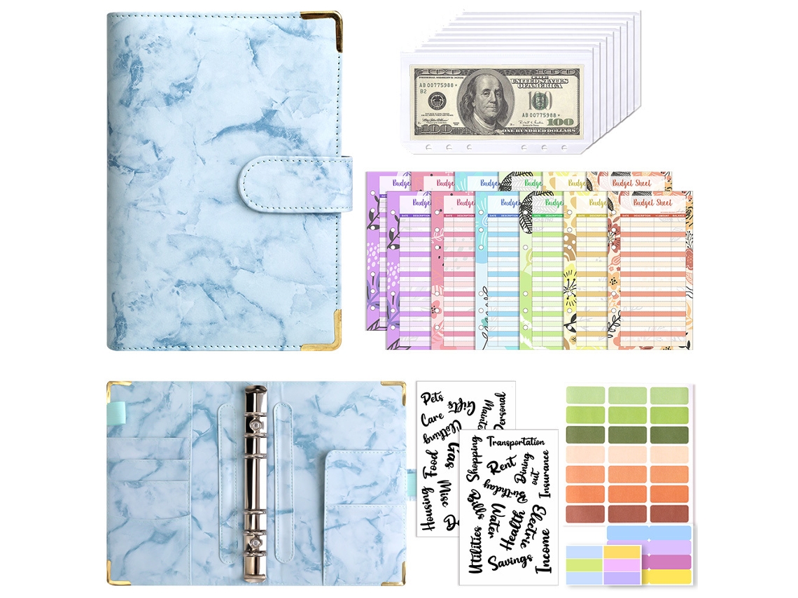 A6 Macaron Marble Grain Pu Leather Ring Binder Notebook Budget Planner With Corner Protector, Blue, Includes 8-zipper