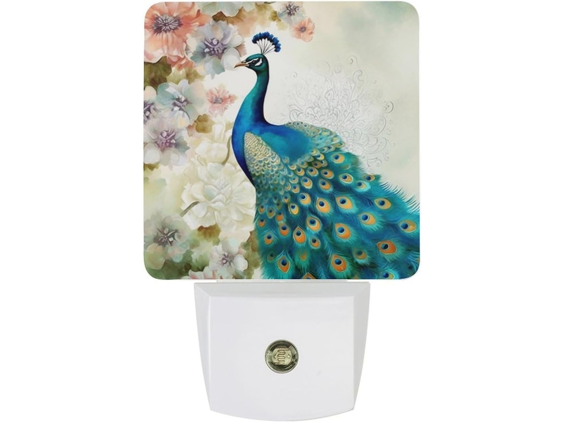 Luminária De Parede Com Lindo Design Pavão E Flores, Sensor Crepuscular, Luz Led Branca, Lâmpada Baixo Consumo