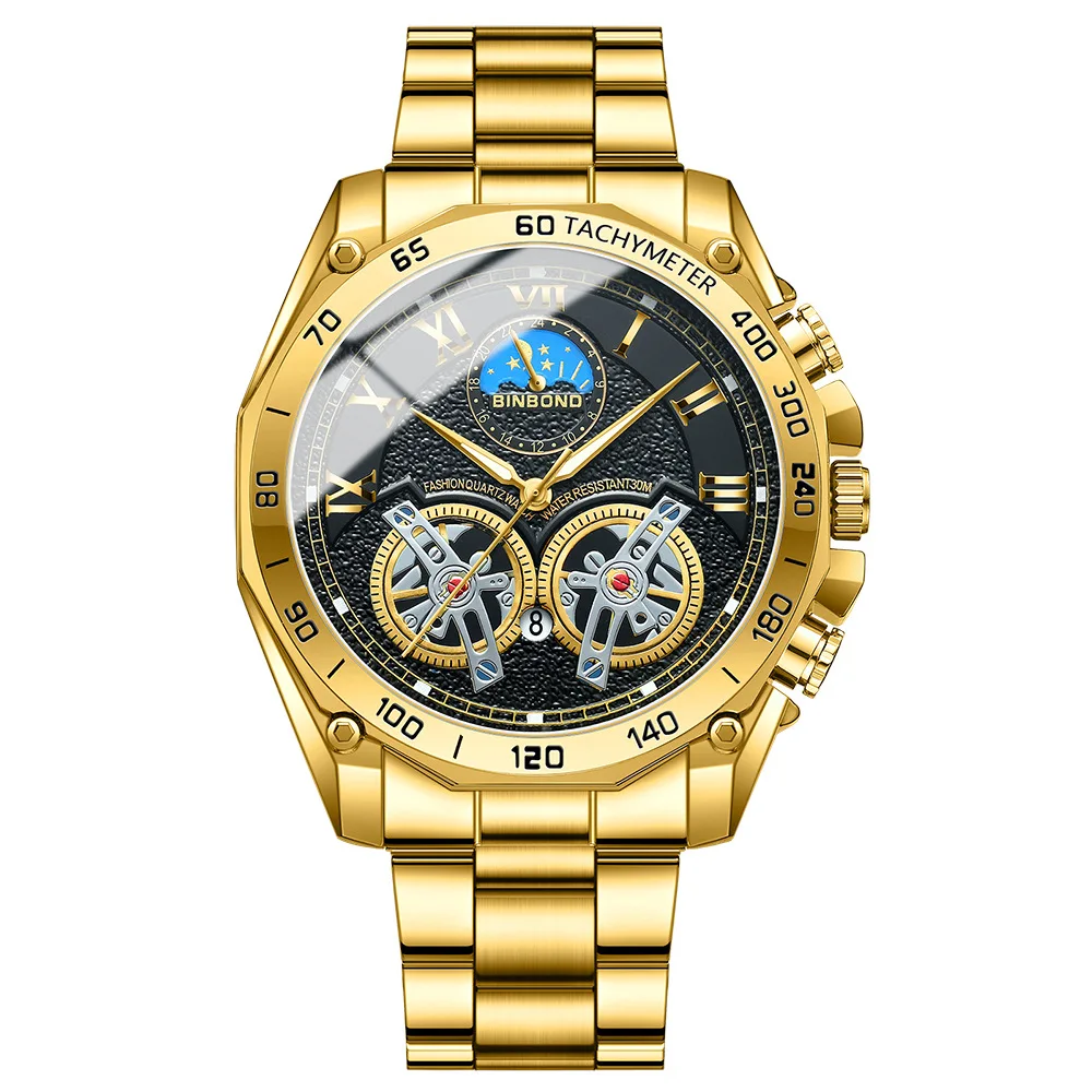 Relógio de Quartzo Masculino de Luxo Mostrador Decorado Resistente À Água MDUG (dourado e Preto)