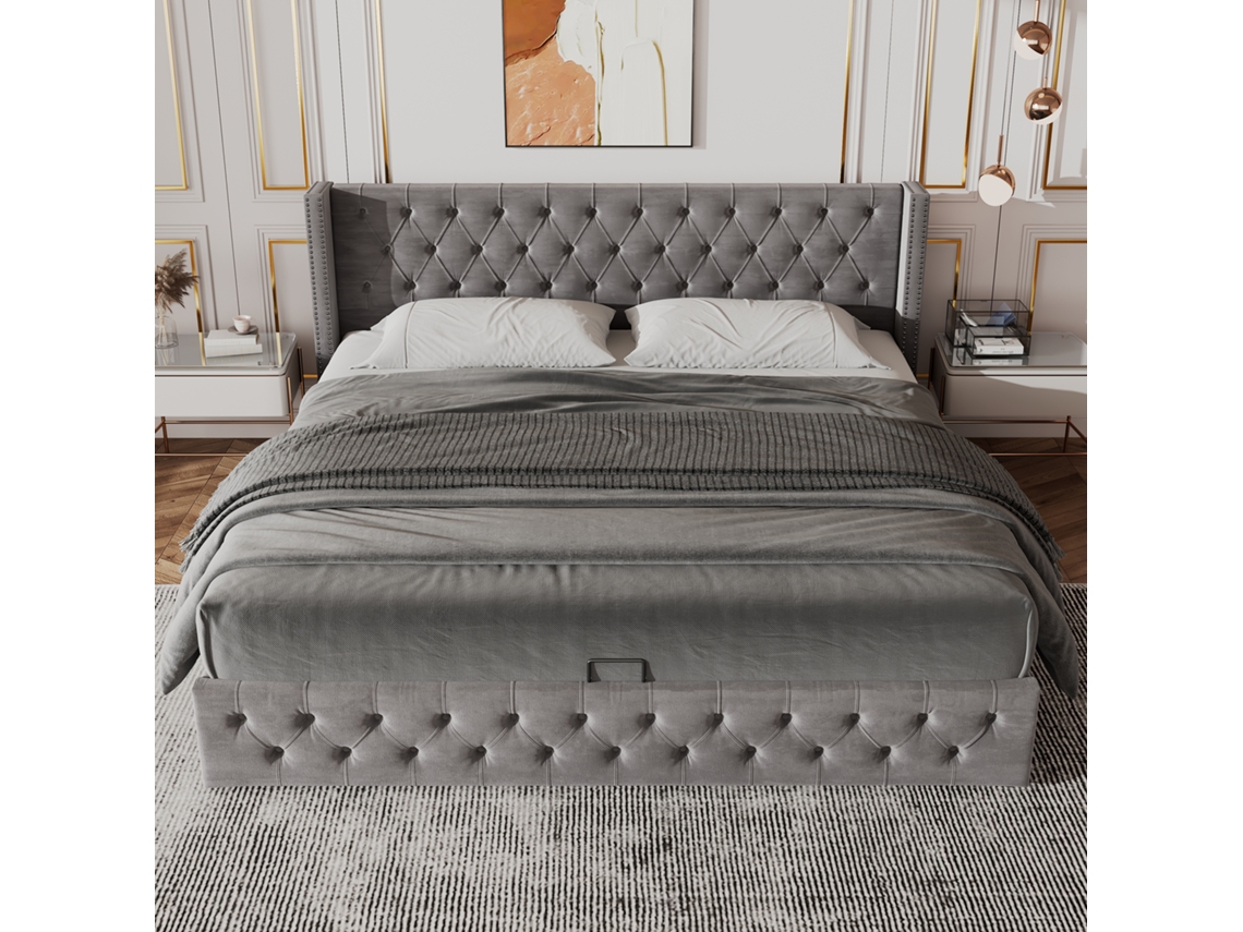 Cama Casal Cinza 140x200cm, Orelha Dupla, Botões, Hidráulica. -op