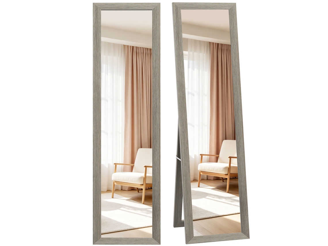 Espelho Retangular De Mesa Ou De Parede Com Moldura De Madeira Para Sala De Estar Ou Quarto, 37 X 155 Cm, Cinza.