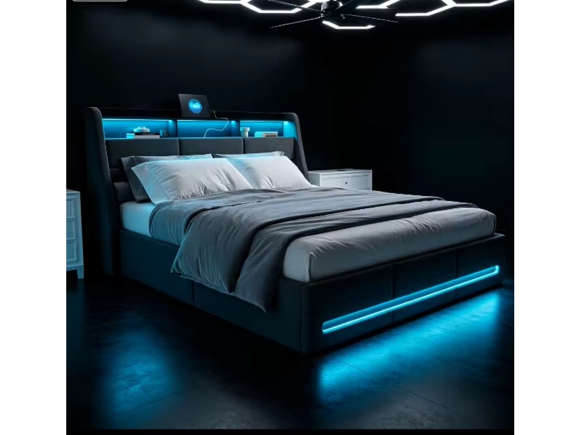 Cama 140x190 cm com ripas, luz LED, 4 gavetas, 2 USB, 1 Type C, linho respirável cinza | ROSAHQNDA