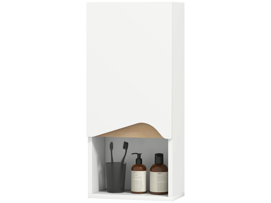 Armário De Parede Para Casa De Banho Branco/madeira, 30x17x67 Cm, Armário Com Fechamento Suave E Espaço Ajustável, Prateleira Aberta