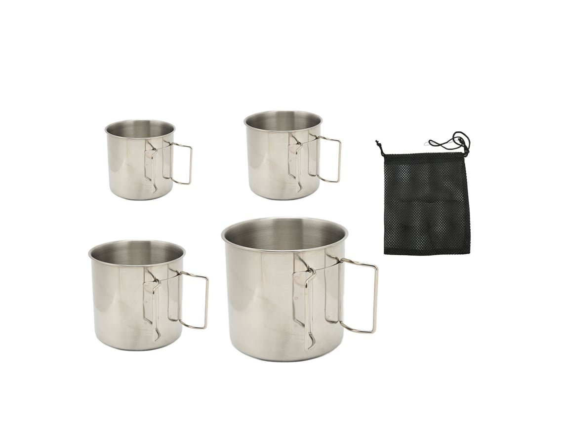 4 Copos de Camping Aço Inox com Alça Plegável