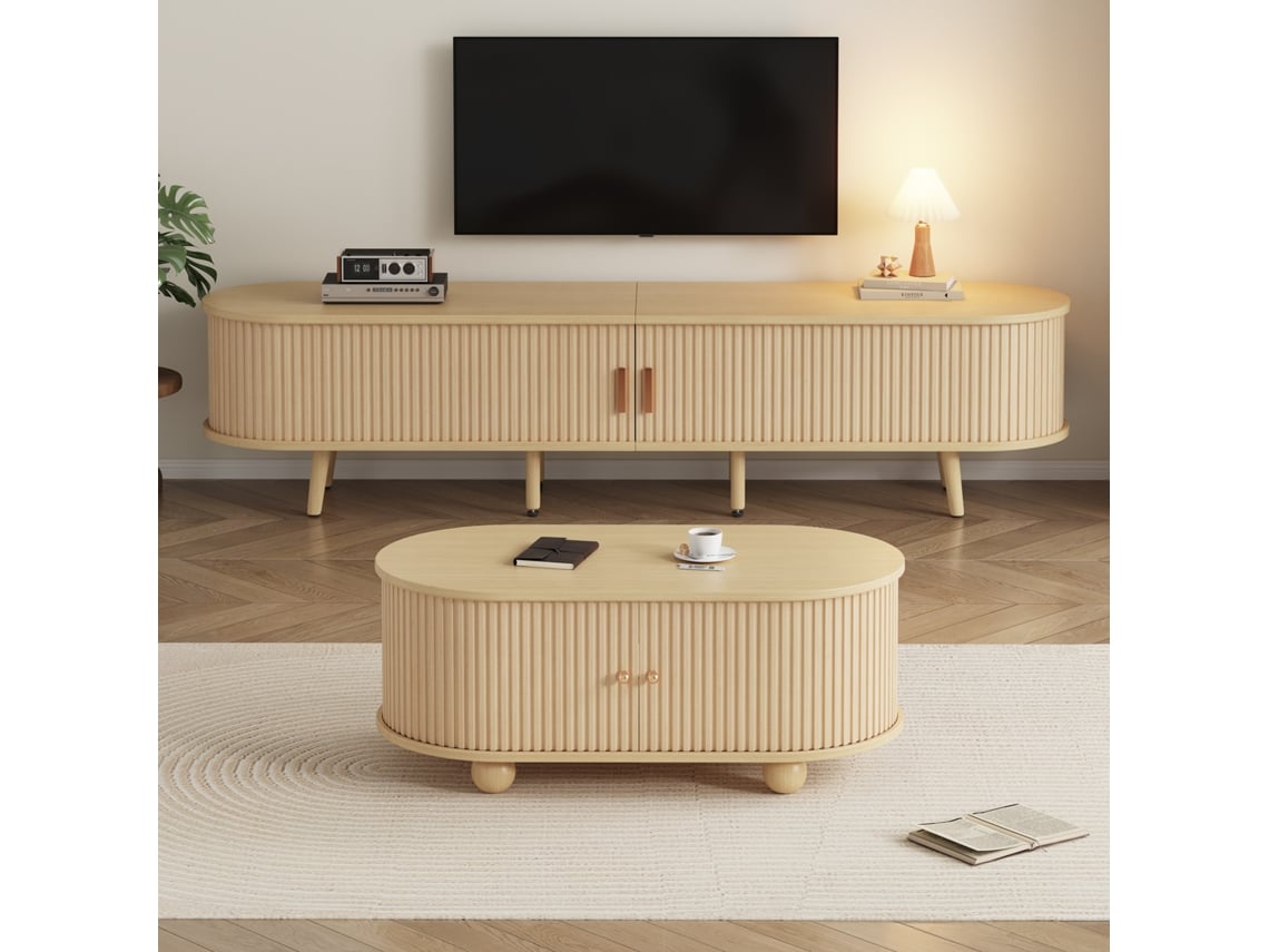 Guarda-roupa Para Sala Com Tv E Mesa De Centro Oval Em Mdf Cor Madeira