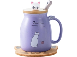 Caneca De Gato, Xícara Café Cerâmica Fofa Com Tampa Gatinho, Colher Em Formato Pata Porta Copos Kawaii, Café/chá/leite Divertida P Aquaforge