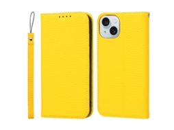 Capa Em Couro Genuíno Textura De Lichia, Anti-riscos Com Suporte Para Apple Iphone 15 - Amarelo