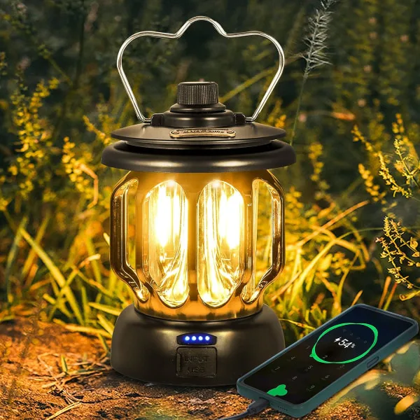Lâmpada de Acampamento Led Preta Recarregável Via Usb, Estilo Vintage, com Intensidade Ajustável e Luz Quente BRILVIBERA