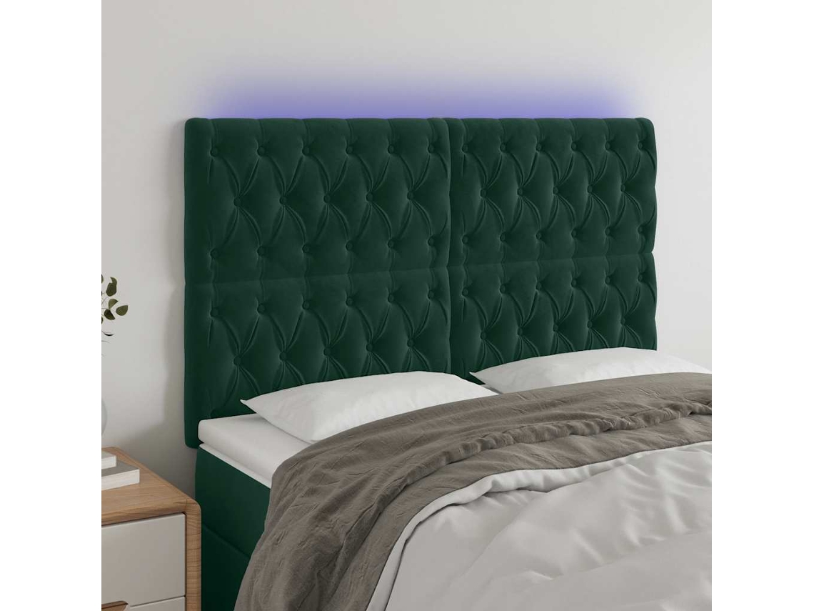 Vidaxl Cabeceira De Cama C/ Led Veludo 160x7x118/128 Cm Verde-escuro