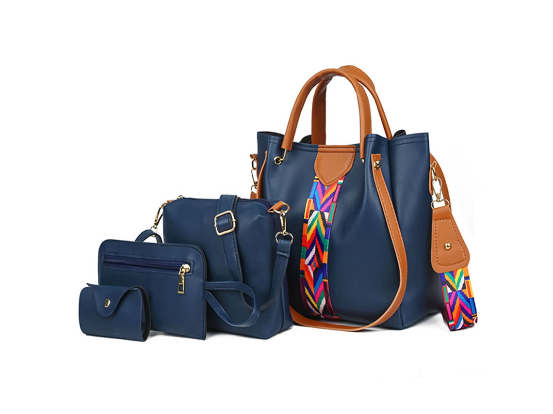 Conjunto de bolsas femininas 4 em 1 em couro PU, de alça superior, tote, ombro, transversal, carteira azul escuro AQUAFORGE