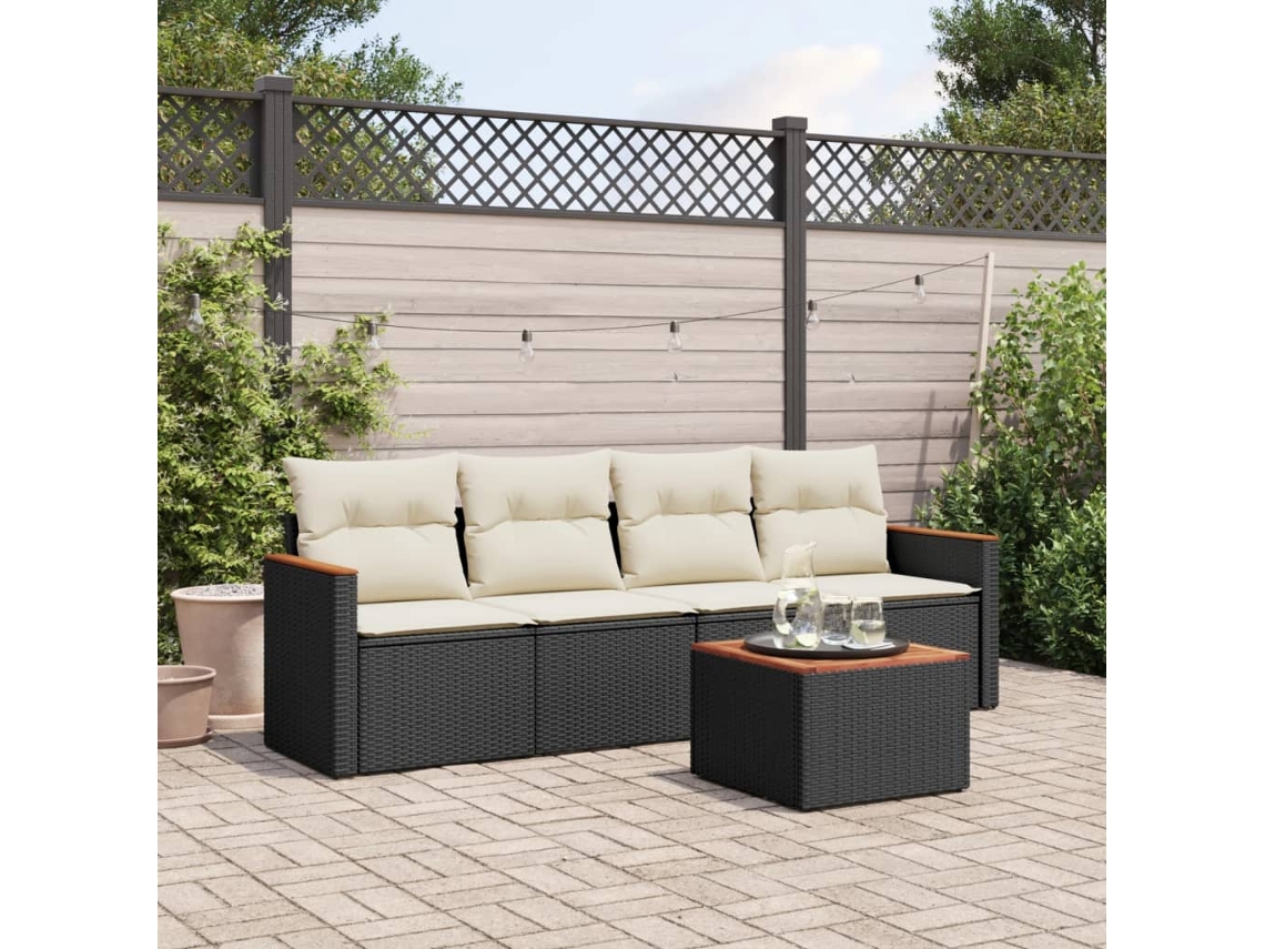 Vidaxl 5 Pcs Conjunto Sofás De Jardim Com Almofadões Vime Pe Preto