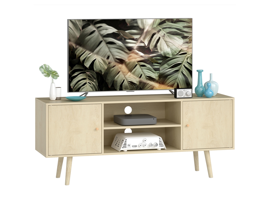 Suporte Tv 55 Polegadas, 2 Armários 2 Prateleiras Abertas, Madeira Natural 120x34x50cm