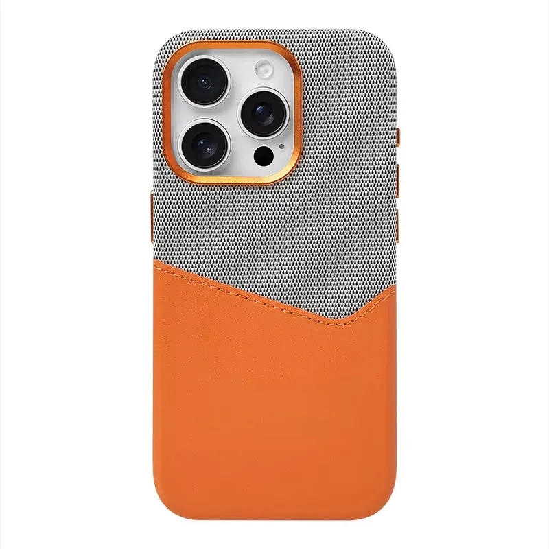 Capa De Celular Em Couro De Linho (cinza-laranja Para Iphone 12 Pro), Carregamento Sem Fio, Resistente A Impactos.