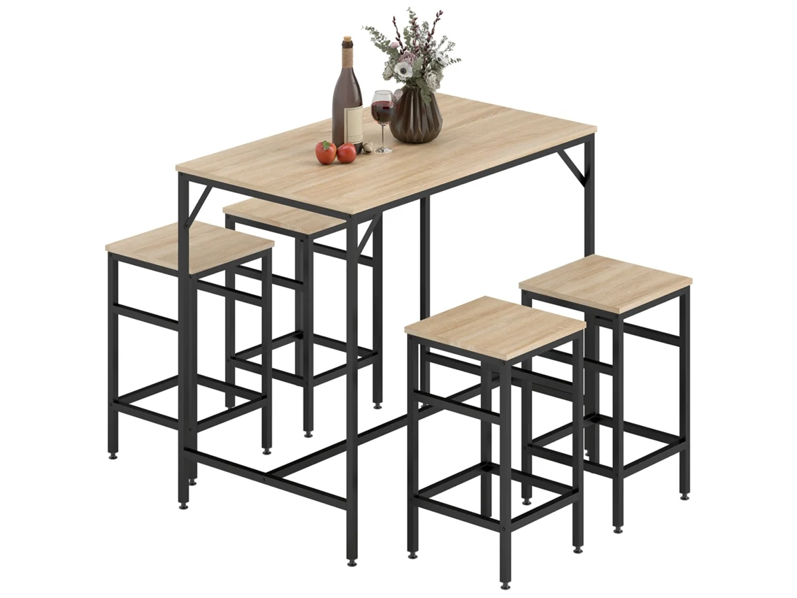 Conjunto Mesa De Bar Com 4 Bancos, Apoio Pés, Conjunto 5 Peças, Mesa 100x60x88 cm, Bancos 32x32x57 cm, Cozinha Sala Jantar, Preto E Carvalho