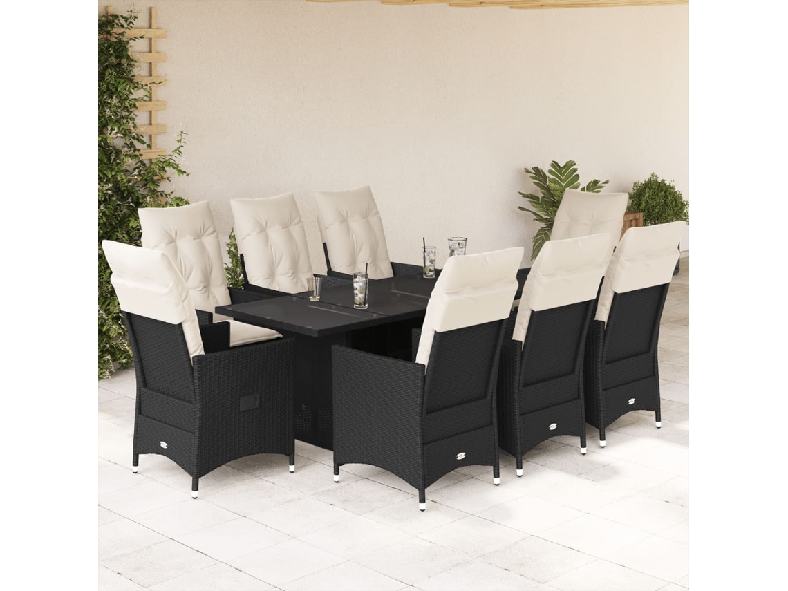 Vidaxl 9 Pcs Conjunto De Jantar P/ Jardim C/ Almofadões Vime Pe Preto