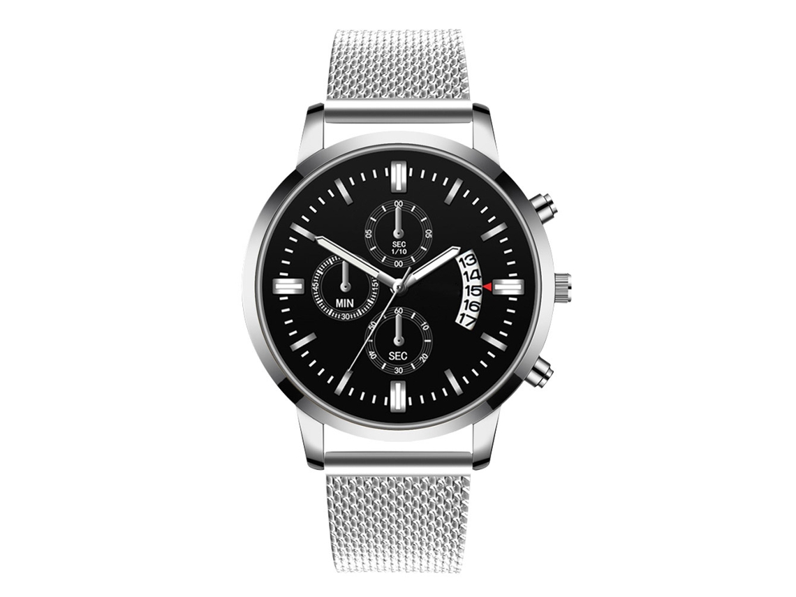 Relógio masculino casual, mostrador redondo colorido, movimento de quartzo, pulseira preta e prateada.