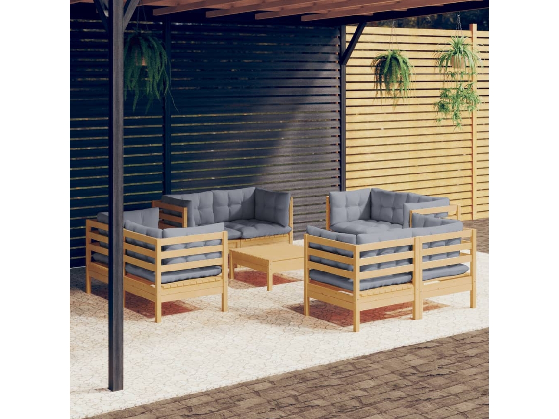 Vidaxl 9 Pcs Conjunto Lounge De Jardim C/ Almofadões Cinzentos Pinho