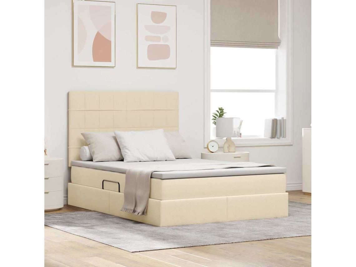 Vidaxl Cama De Armazenamento Led Com Colchão Creme 140 X 190 Cm Tecido